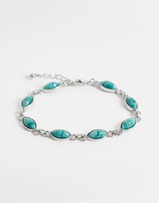 Reclaimed Vintage unisex faux moss agate chain link bracelet in silver