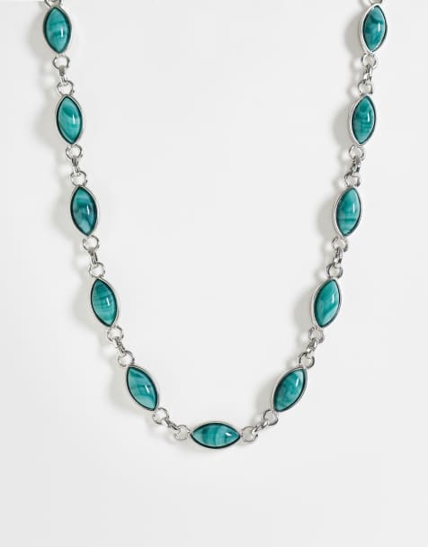 Reclaimed Vintage unisex faux moss agate chain link necklace in silver - view 1