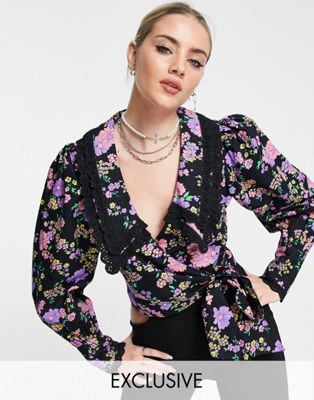 Reclaimed Vitnage long sleeve wrap around blouse with lace collar in black floral print