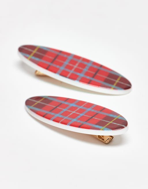 Reclaimedd Vintage hair clip 2 pack in red tartan print, 2 of 3