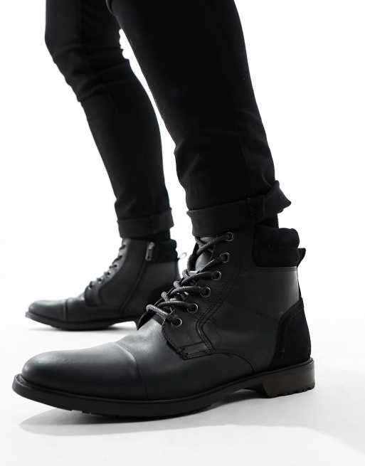 Red Tape Wide Fit Chunky Hardware Lace Up Boots in Black Leather - ASOS Outlet