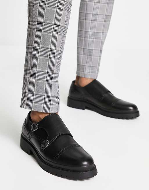 Red Tape chunky double monk shoes in black leather | ASOS