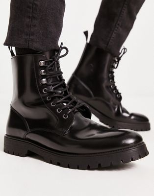 Red Tape chunky hardware lace up boots in black leather