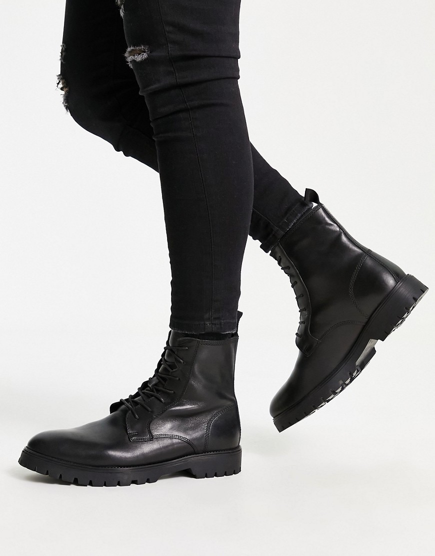 Red Tape Chunky Lace Up Boots In Black Leather