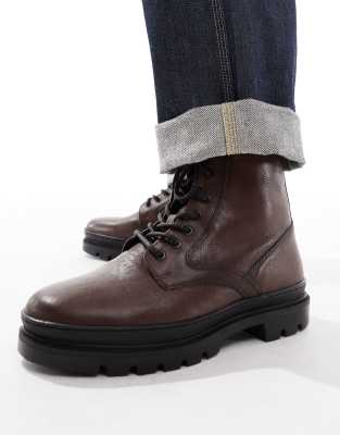 Red Tape Chunky Sole Lace Up Boots In Brown Leather