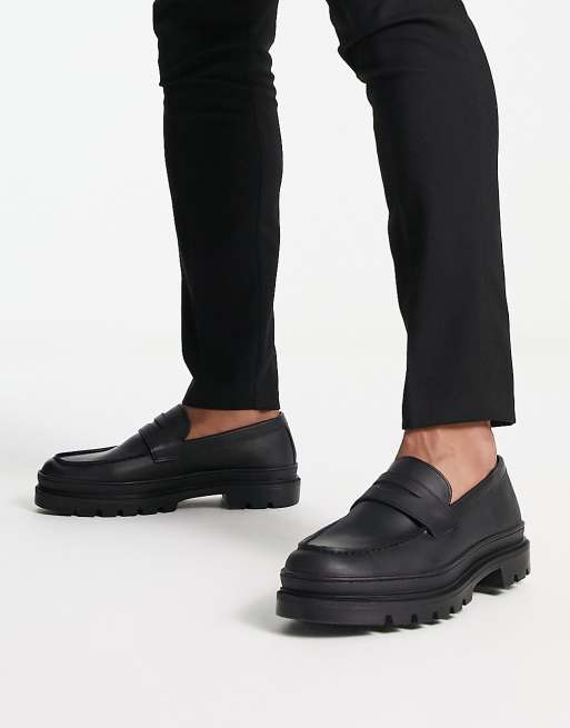 Red Tape chunky sole penny loafers in black matte leather | ASOS