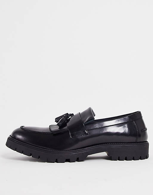 Red Tape chunky tassel loafers in black high shine leather