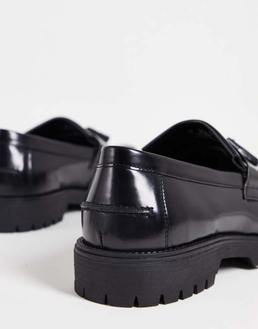 Red Tape chunky tassel loafers in black high shine leather, 2 of 4