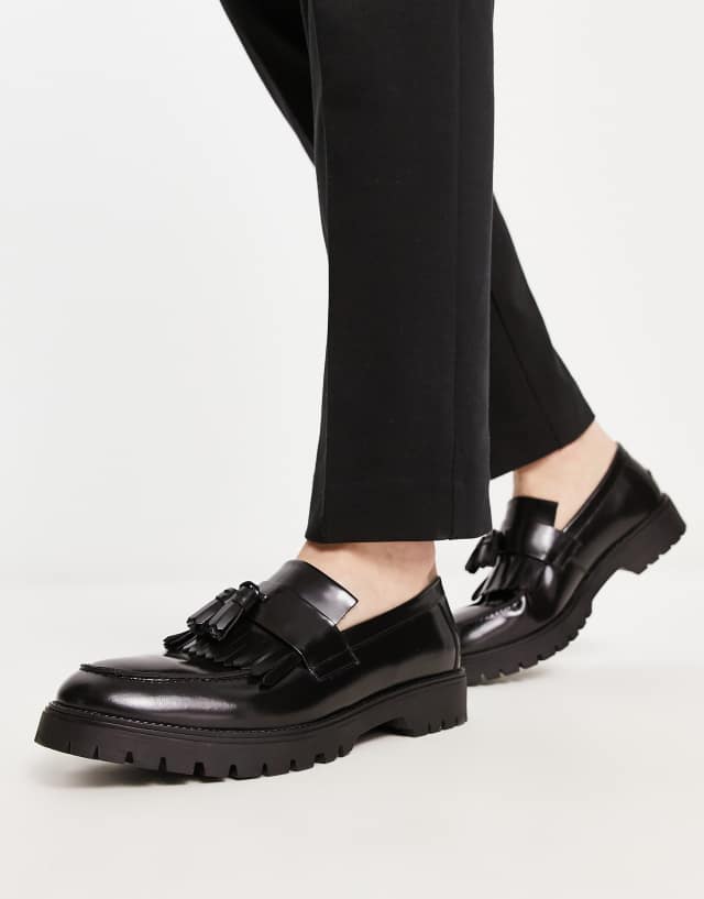 Red Tape chunky tassel loafers in black high shine leather