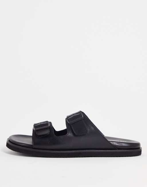 Red Tape double buckle slide sandals in black leather | ASOS