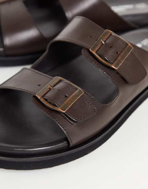 Leather sandals with two-toned tape