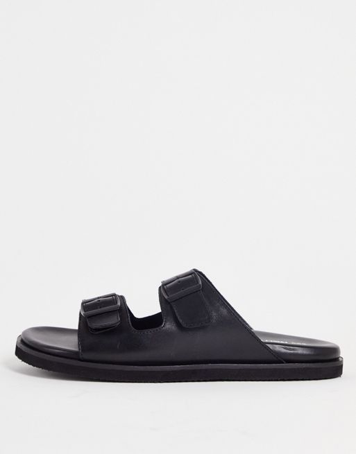 Red Tape double buckle slider sandals in black leather | ASOS