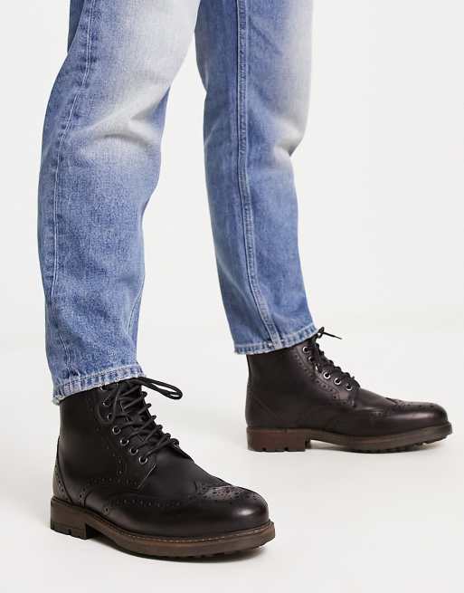 Red Tape lace up brogue boots in black leather | ASOS