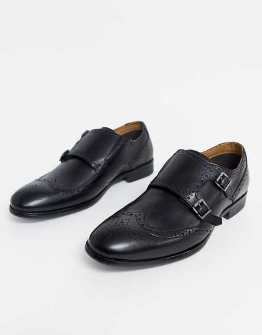 Red Tape leather brogue monk shoe in black