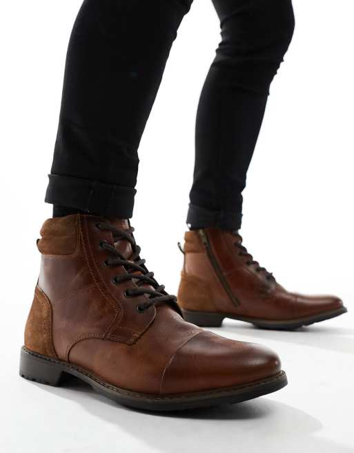 Red Tape - Stivaletti stringati casual in pelle marrone scuro, 2 di 4