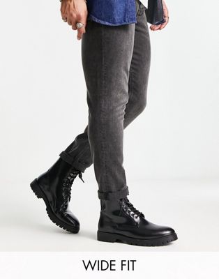 Red Tape Wide Fit Chunky Hardware Lace Up Boots In Black Leather