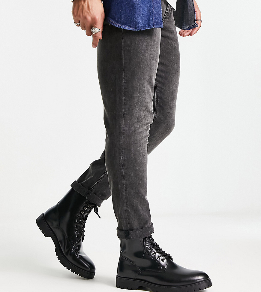 wide fit chunky hardware lace up boots in black leather