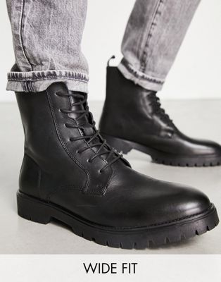 Red Tape wide fit chunky sole lace up boots in black leather