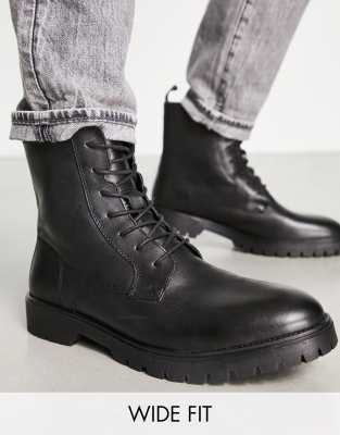 Red Tape Red Tape wide fit chunky sole lace up boots in black leather