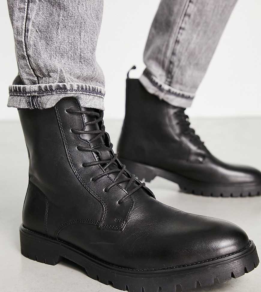 Red Tape Wide Fit Chunky Sole Lace Up Boots In Black Leather