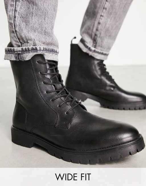 Red Tape Wide Fit Chunky Hardware Lace Up Boots in Black Leather - ASOS Outlet