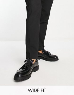 Red Tape wide fit chunky tassel loafers in black high shine leather