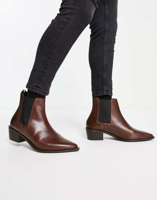 Red Tape wide fit heeled chelsea western boots in brown leather ASOS