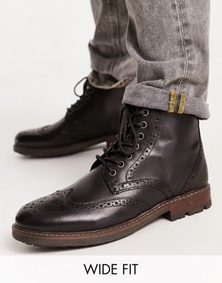 Red Tape wide fit lace up brogue boots in black leather