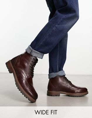 Red Tape Wide Fit Lace Up Brogue Boots In Burgundy Leather In Brown