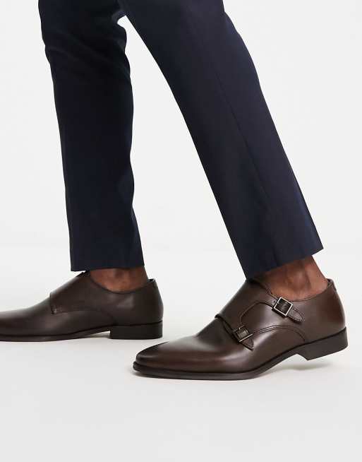 Red Tape wide fit monk shoes in brown leather