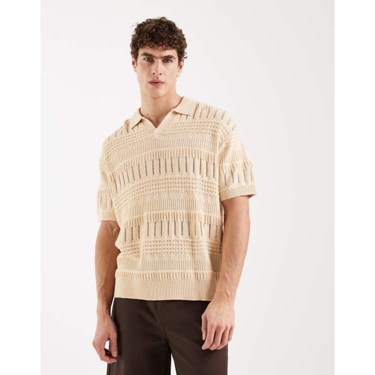Redefined Rebel Adam boxy fit short sleeve knit polo in ecru | ASOS