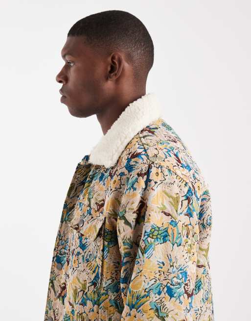 Redefined Rebel boxy camo jacquard trucker jacket in green, 4 of 5