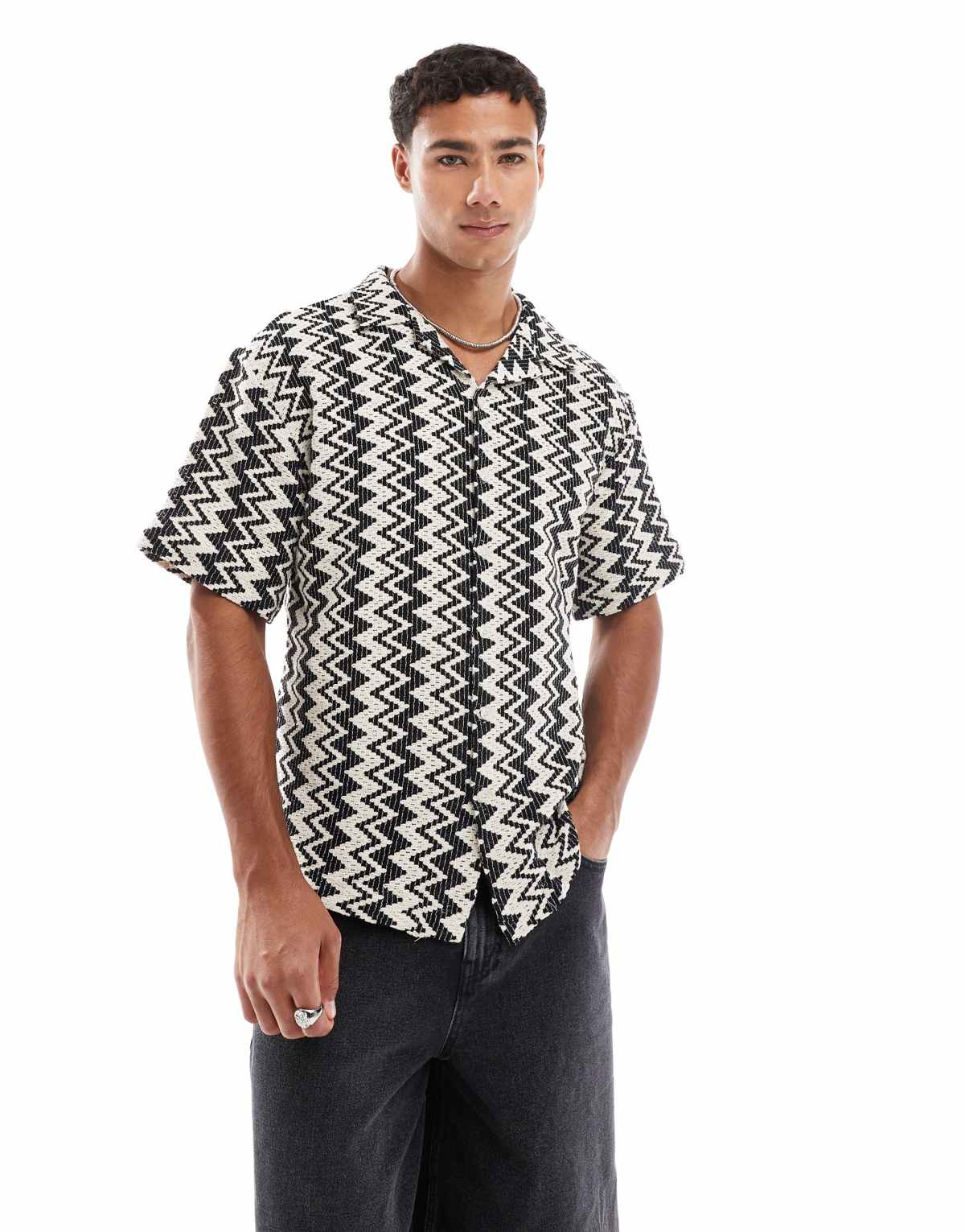Redefined Rebel boxy chevron  crochet shirt in mono