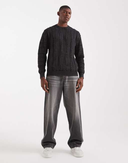 Redefined Rebel boxy knitted cable jumper in black, 2 of 5