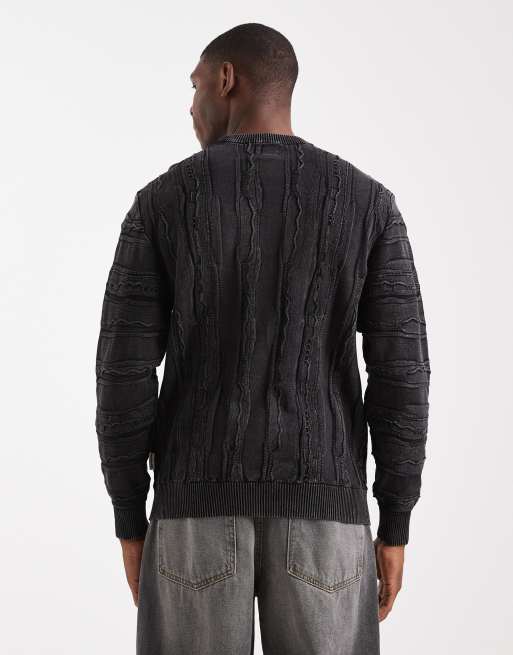 Redefined Rebel boxy knitted cable jumper in black, 3 of 5