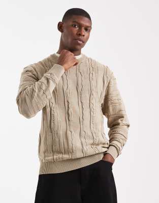 Redefined Rebel boxy knitted cable jumper in light brown