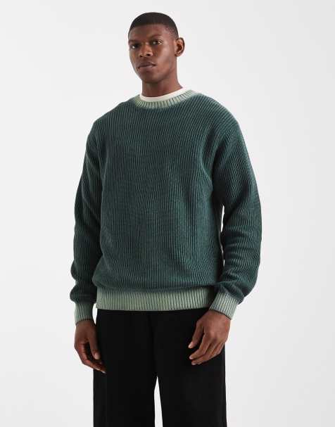 Redefined Rebel boxy knitted jumper in dark green acid wash - view 1