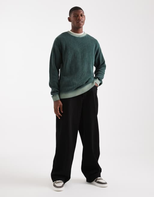 Redefined Rebel boxy knitted jumper in dark green acid wash, 2 of 5