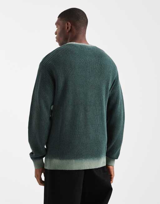 Redefined Rebel boxy knitted jumper in dark green acid wash, 3 of 5