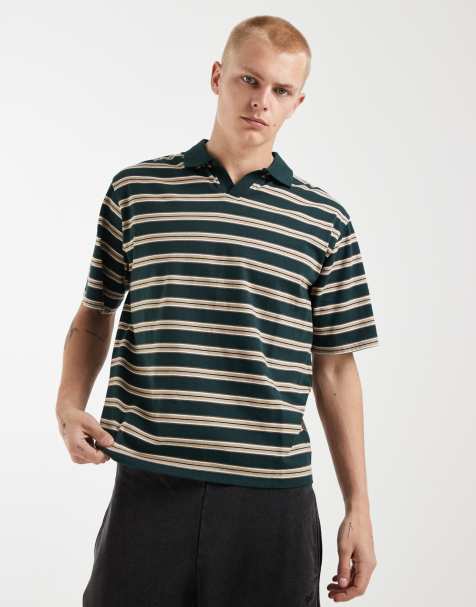Redefined Rebel boxy oversized striped polo shirt in green - view 1