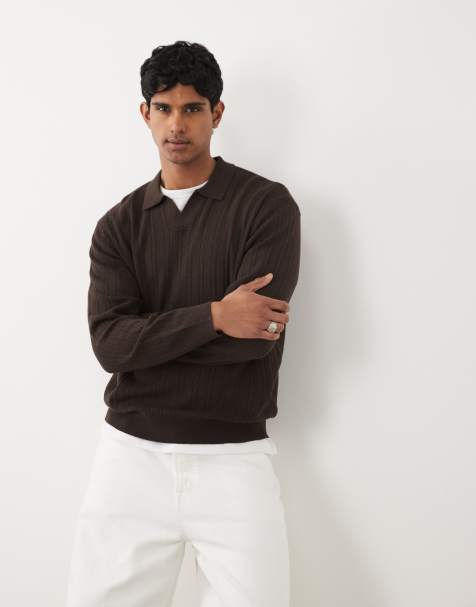 Redefined Rebel boxy oversized v-neck knitted jumper with collar in brown - view 1