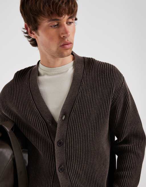 Redefined Rebel boxy oversized washed knitted cardigan in brown, 3 of 5