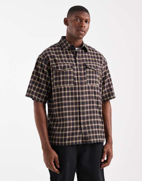 Redefined Rebel boxy short sleeve checked shirt in brown and white - view 1