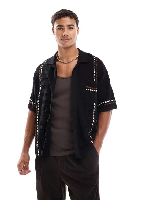 Redefined Rebel - Camicia squadrata nera in maglia con dettagli a contrasto