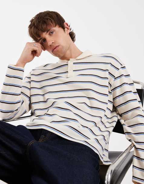 Redefined Rebel - Camiseta color crudo extragrande de manga larga a rayas estilo rugby con solapas - view 1