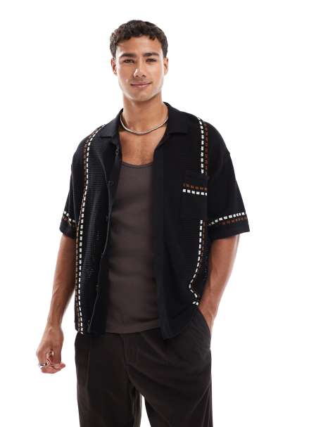 Redefined Rebel boxy knitted shirt with contrast detail in black