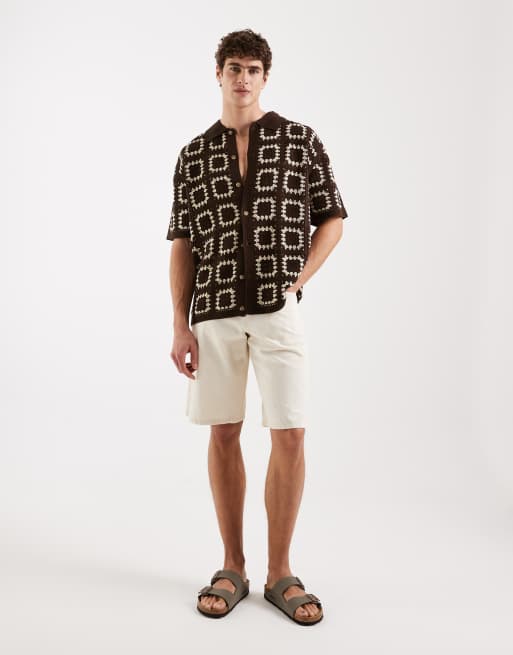 Redefined Rebel Fabian boxy fit short sleeve crochet shirt in coffee brown, 2 of 5