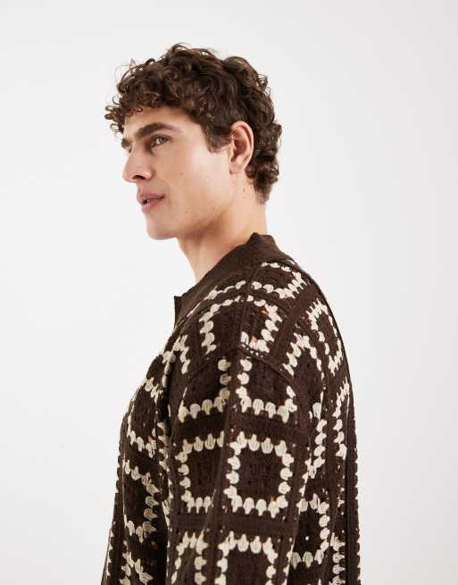 Redefined Rebel - Fabian - Chemise coupe carrée en maille crochetée à manches courtes - Marron café, 4 de 5