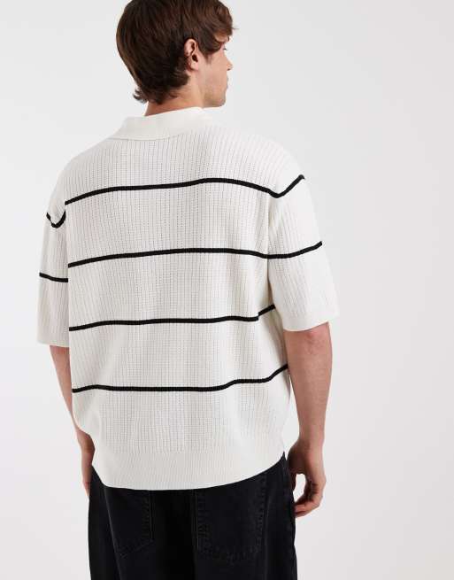 Redefined Rebel - Felix - Hvid oversized strikket poloskjorte med knapper og striber, 5 af 5