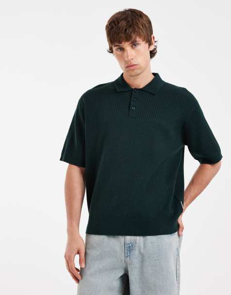 Redefined Rebel felix oversized knitted button up polo shirt in green - view 1